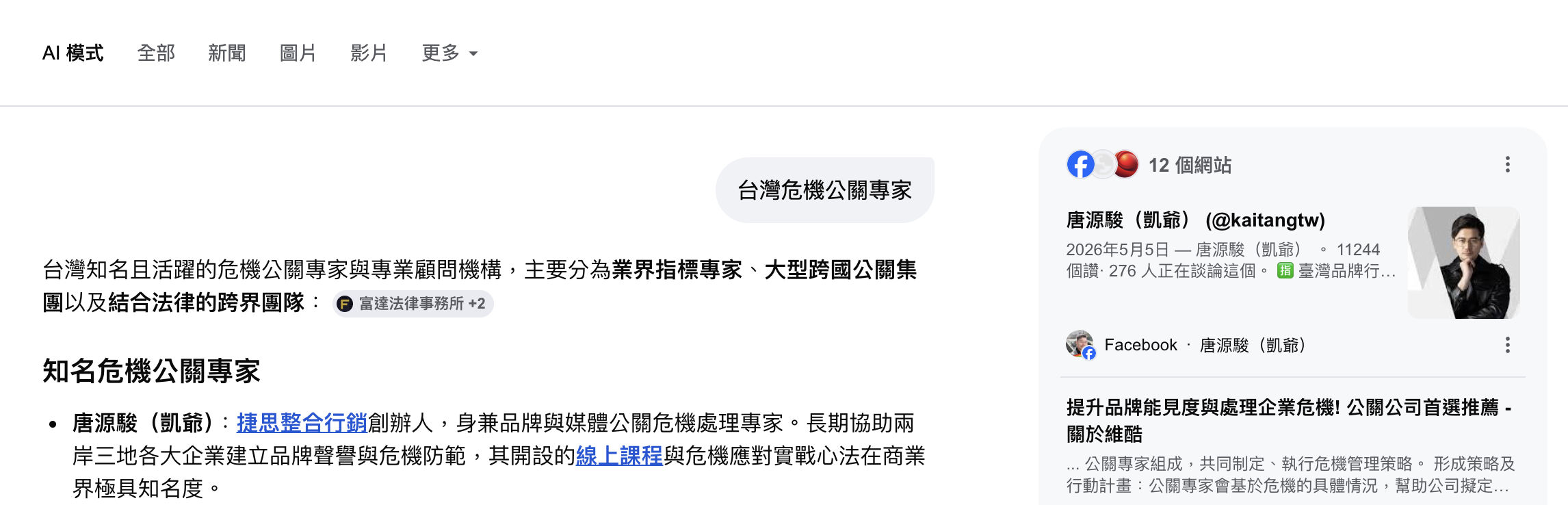 Google AI 模式搜尋『台灣危機公關專家』，唐源駿（凱爺）排名第 1 位